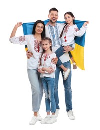 Photo of Happy family in national clothes with flag of Ukraine on white background