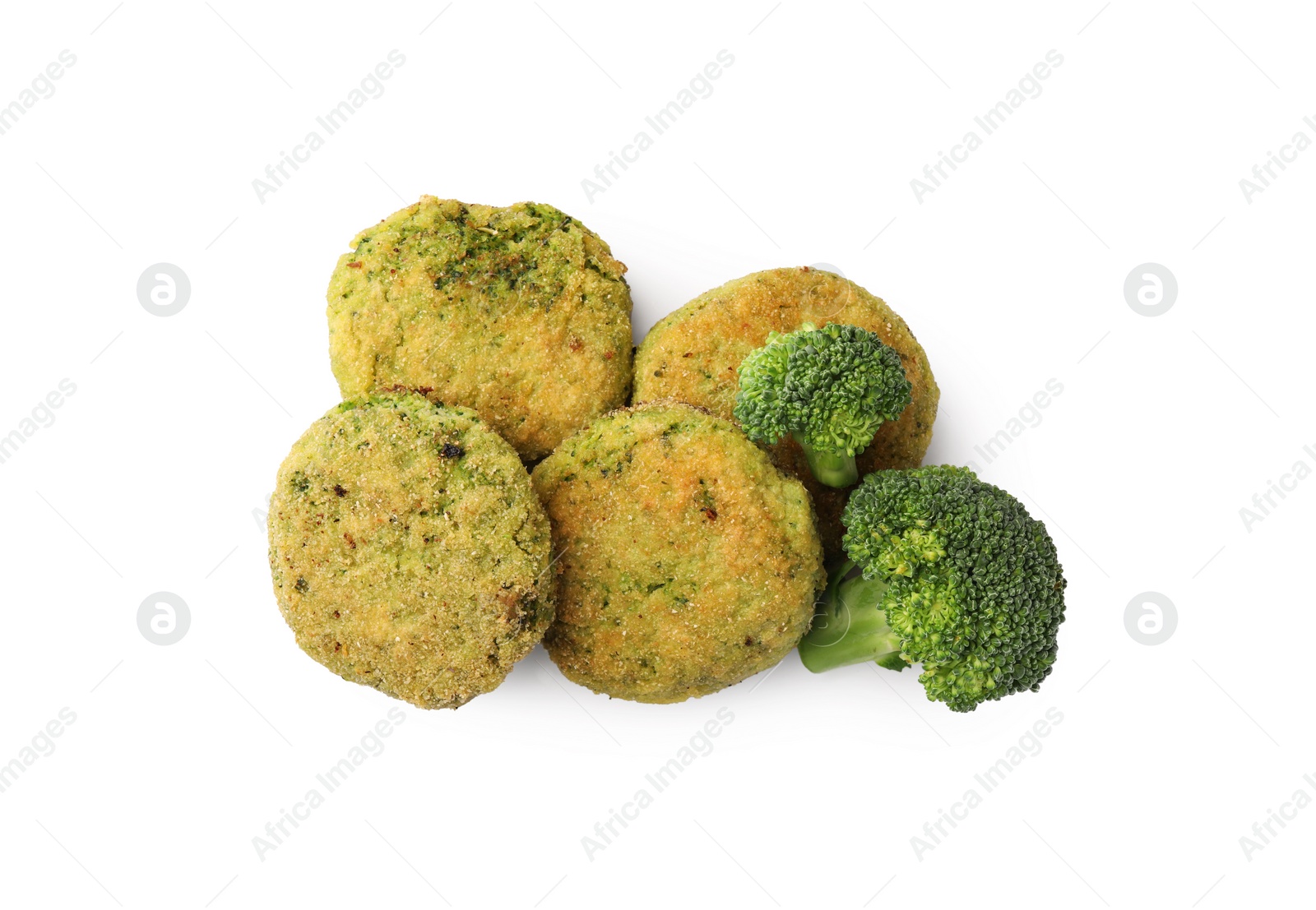 Photo of Green tasty vegan cutlets with broccoli isolated on white, top view