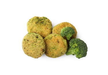 Photo of Green tasty vegan cutlets with broccoli isolated on white, top view
