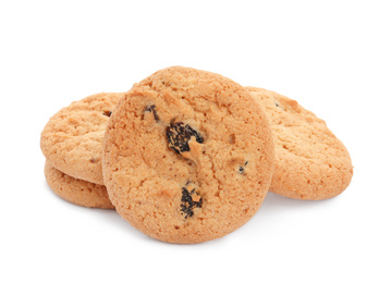Delicious cookies with raisins on white background