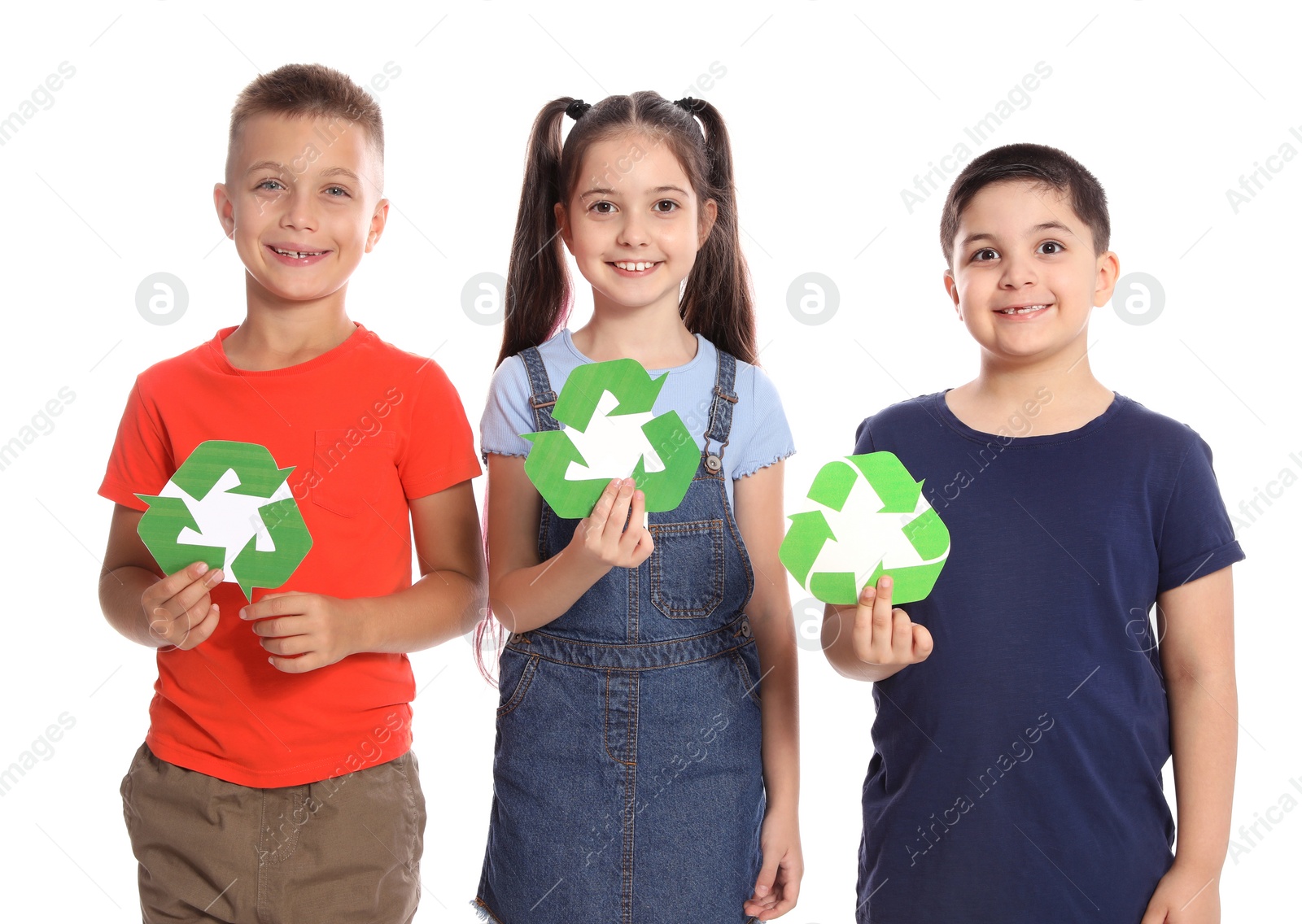 Photo of Children with recycling symbols on white background