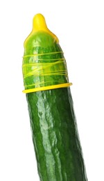 Cucumber with condom isolated on white. Safe sex concept