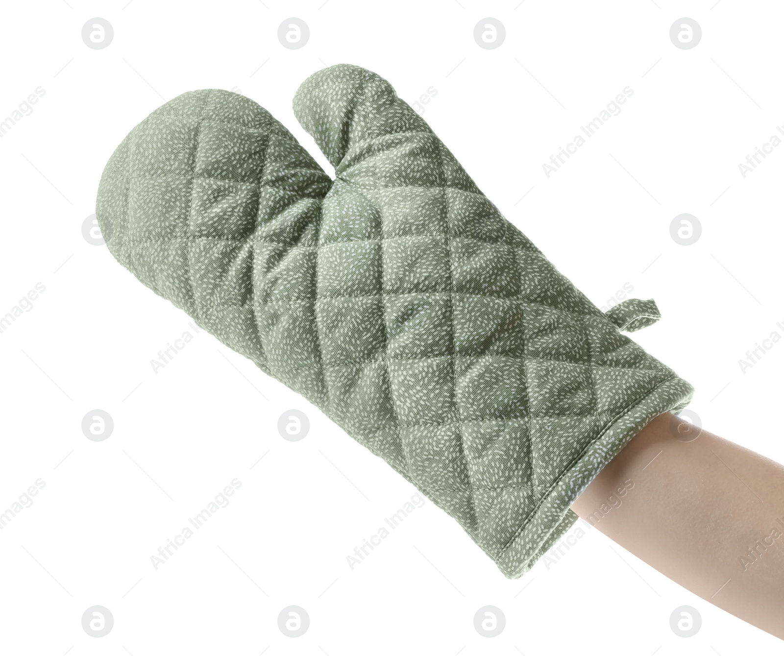 Photo of Chef in oven glove on white background, closeup