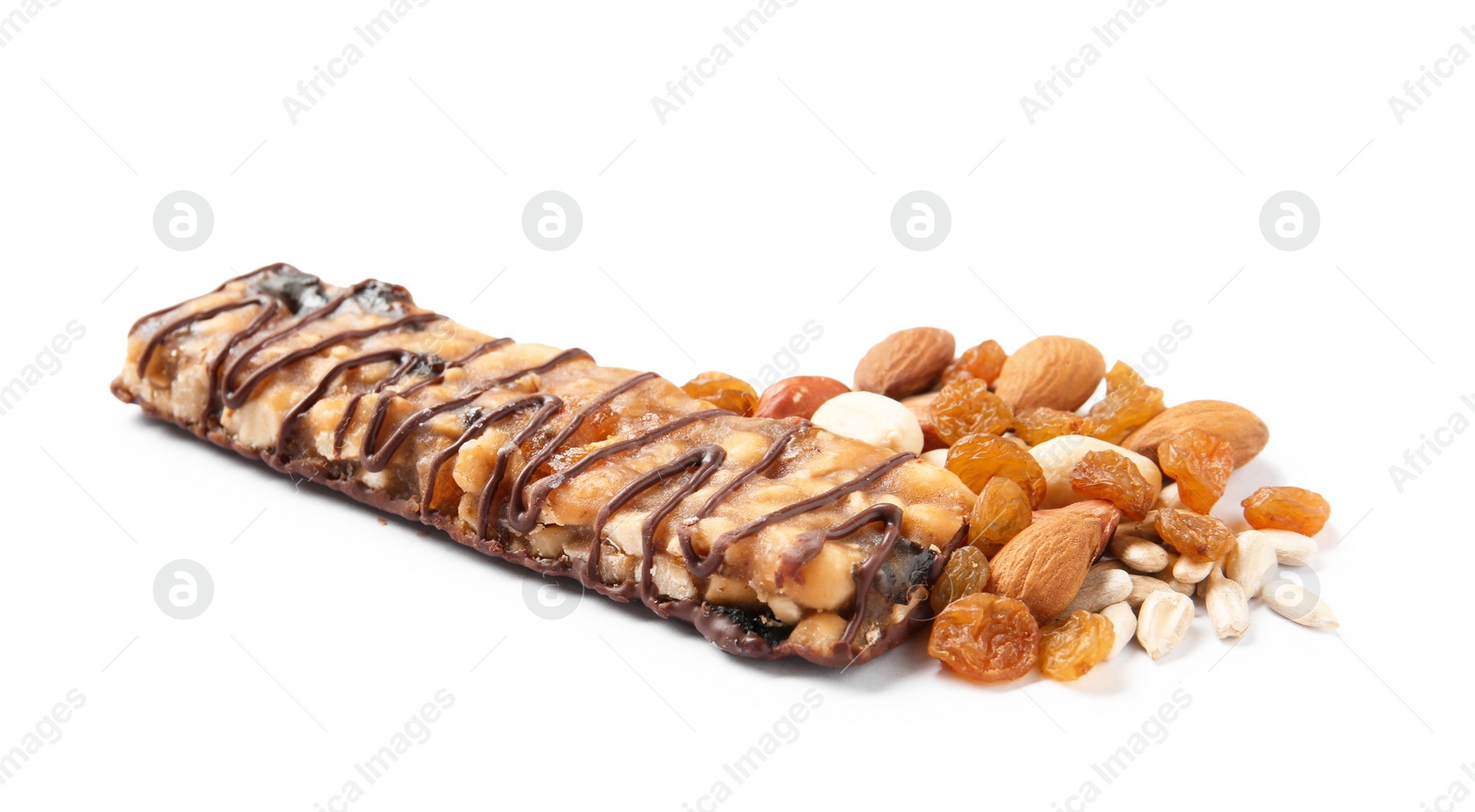 Photo of Grain cereal bar with chocolate, nuts and raisins on white background