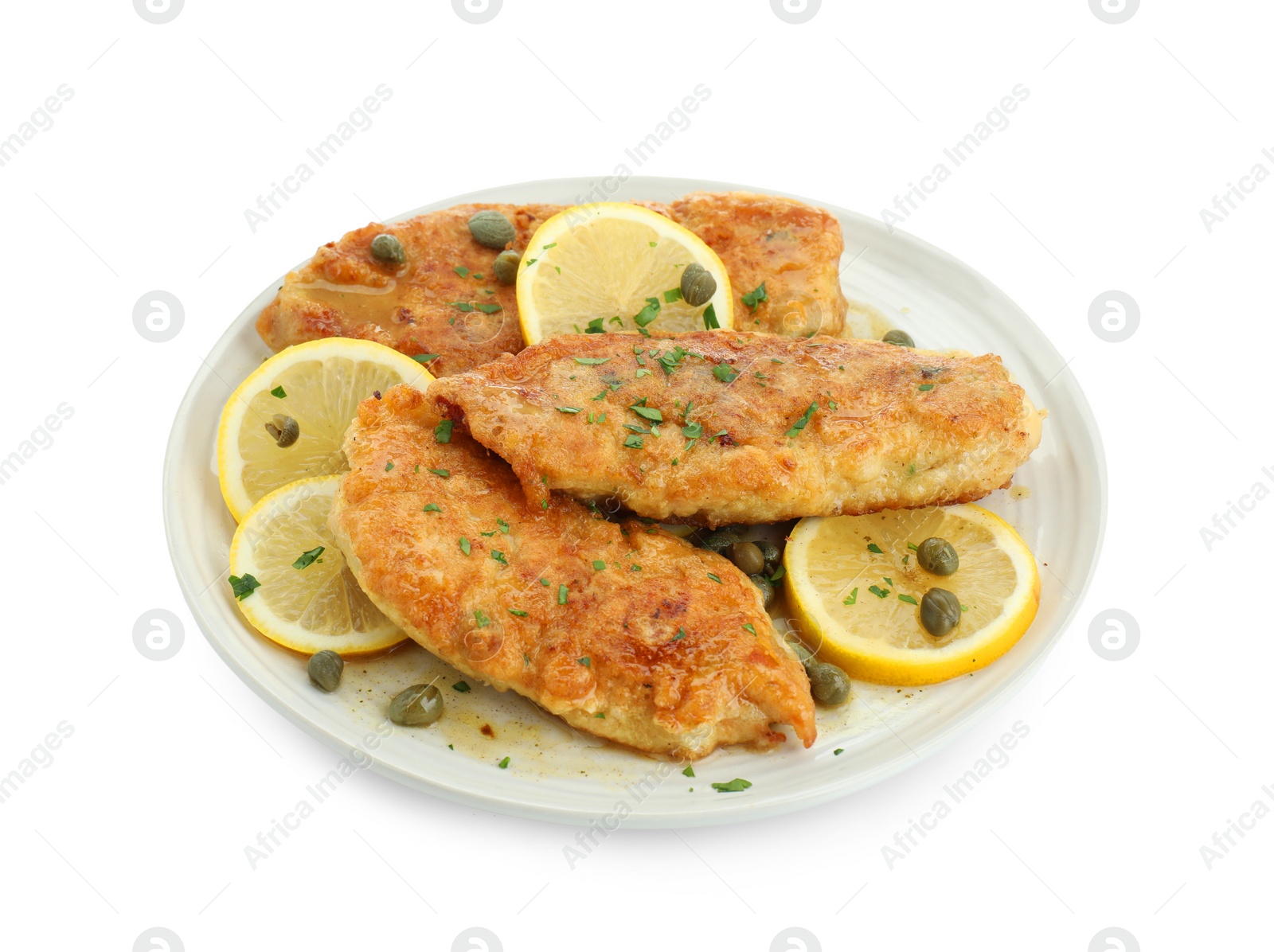 Photo of Delicious chicken piccata with herbs isolated on white