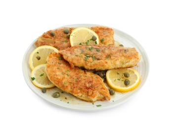 Photo of Delicious chicken piccata with herbs isolated on white