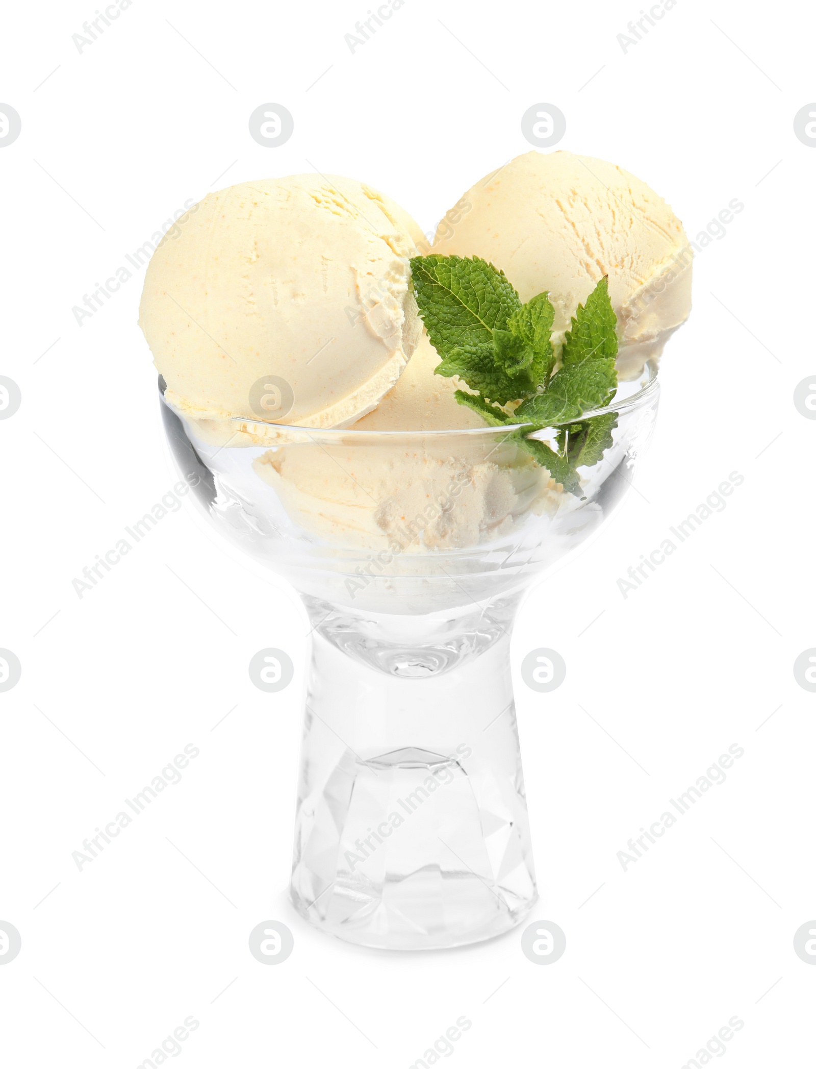Photo of Delicious vanilla ice cream with mint in dessert bowl on white background
