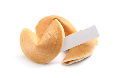 Photo of Traditional fortune cookies with prediction on white background