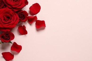 Beautiful red roses and petals on pale pink background, flat lay. Space for text