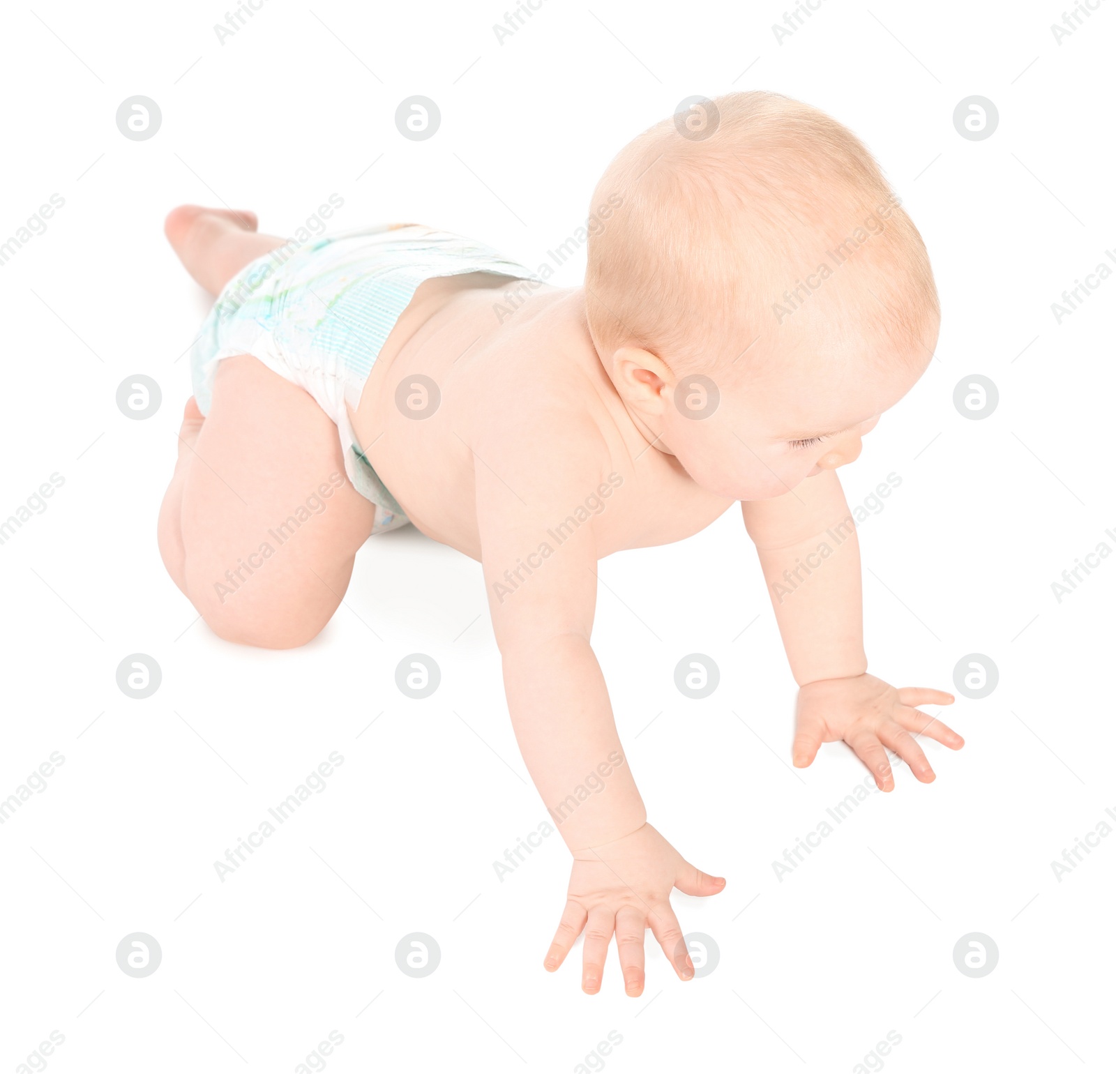 Photo of Cute little baby crawling on white background