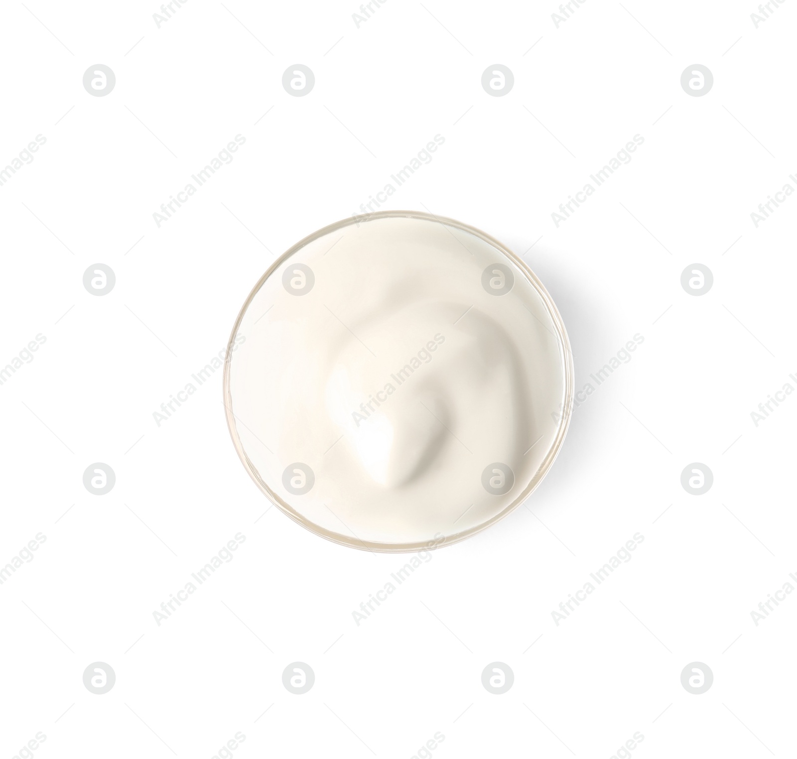 Photo of Bowl with sour cream on white background, top view