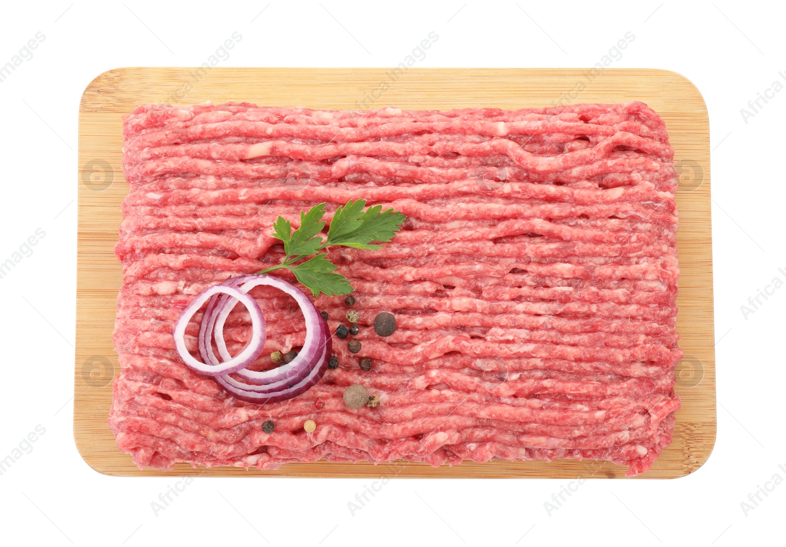 Photo of Board with raw ground meat, onion, peppercorns and parsley isolated on white, top view