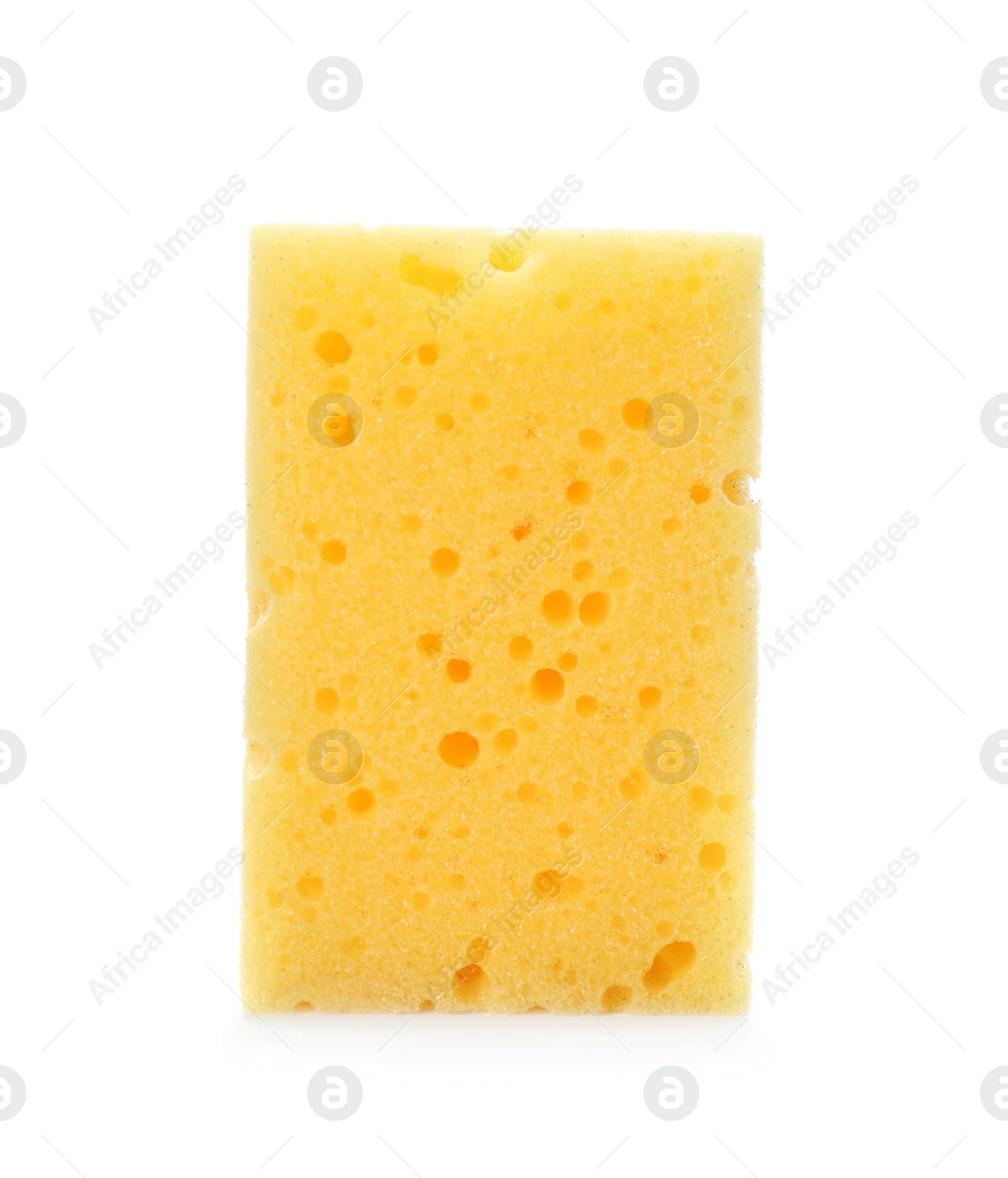 Photo of Yellow washing sponge isolated on white. Cleaning supplies