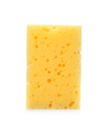 Photo of Yellow washing sponge isolated on white. Cleaning supplies