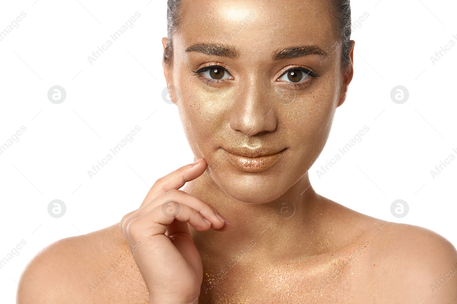 Photo of Beautiful young woman with glitter makeup on white background