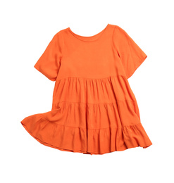 Photo of Short orange dress isolated on white, top view