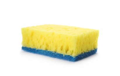 Photo of Yellow cleaning sponge with abrasive light blue scourer isolated on white