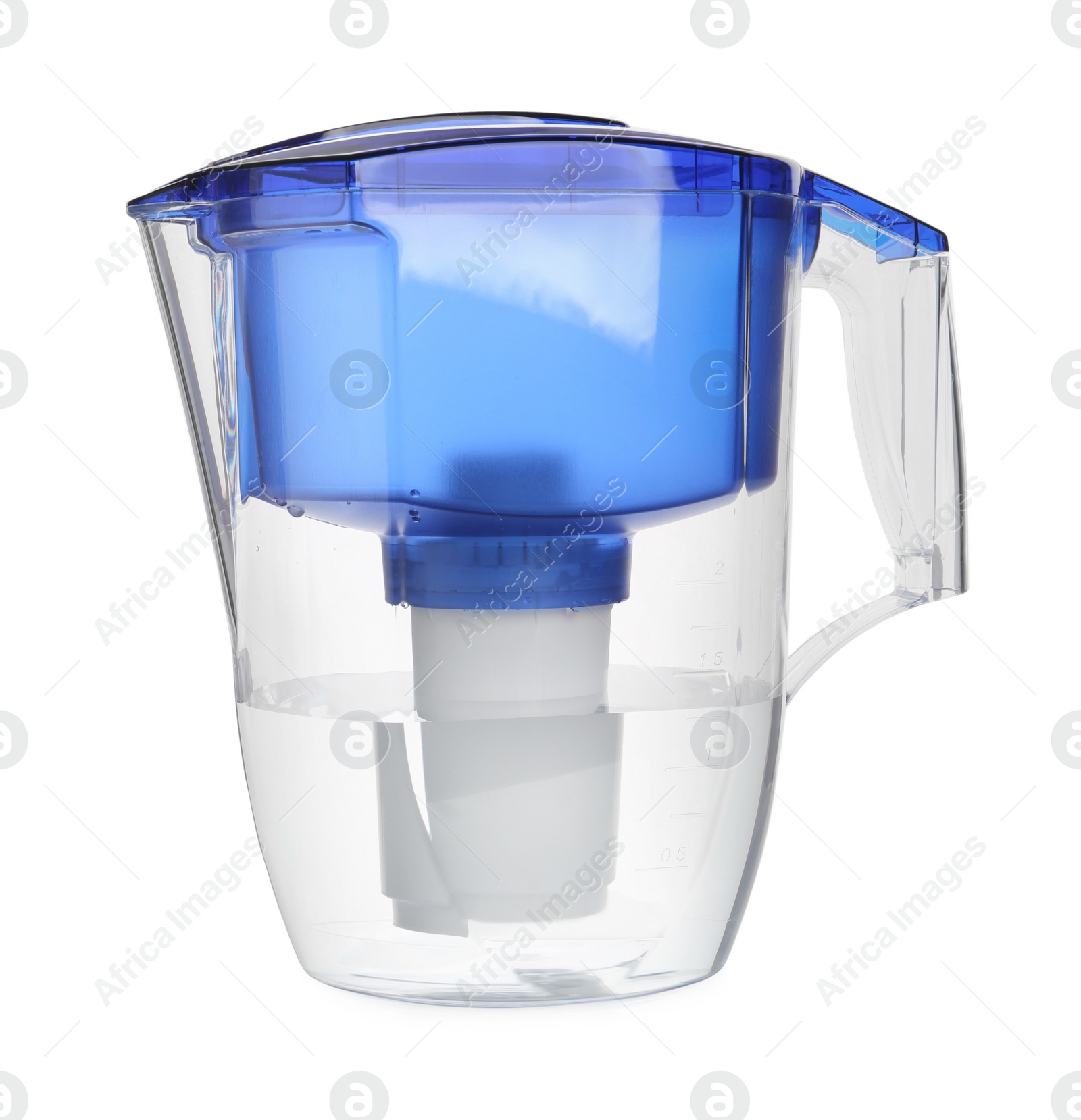 Photo of Filter jug with purified water isolated on white