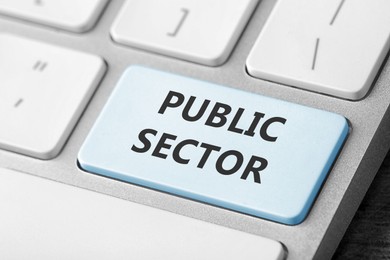 Light blue button with text Public Sector on computer keyboard, closeup