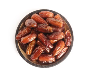 Sweet dried dates in bowl on white background, top view