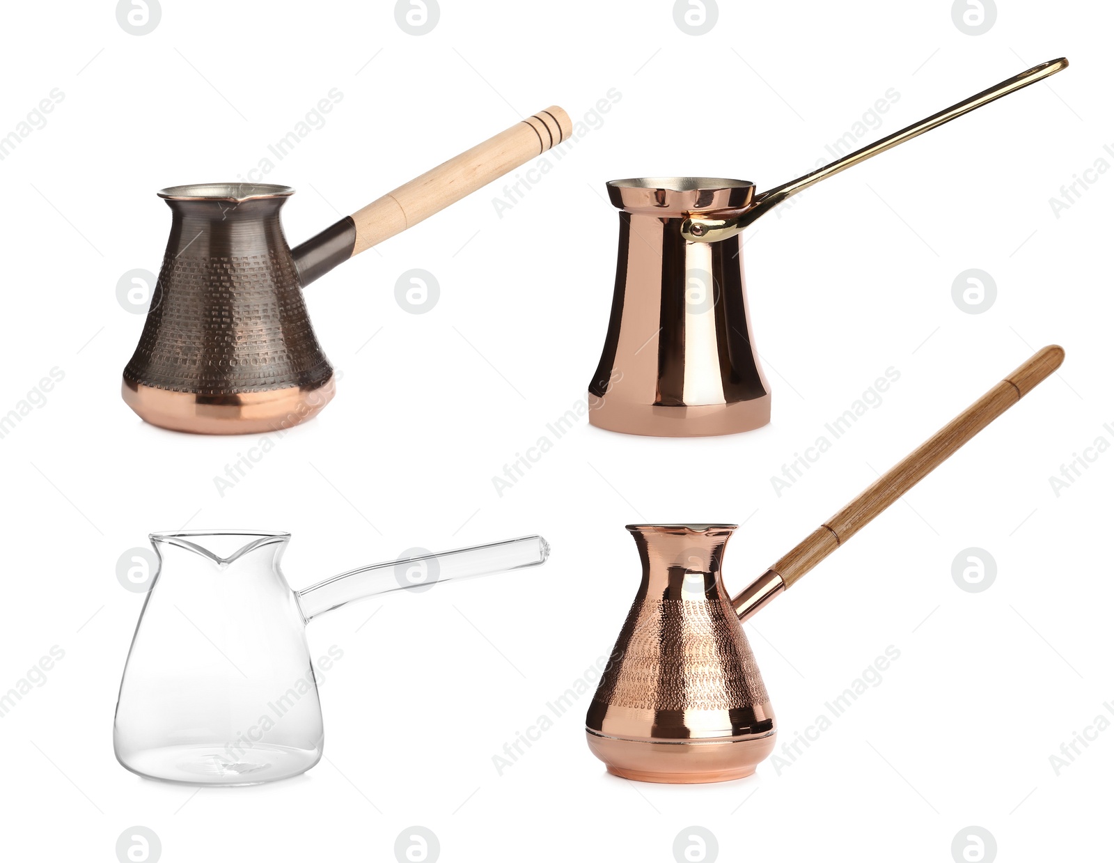 Image of Set with different beautiful turkish coffee pots on white background