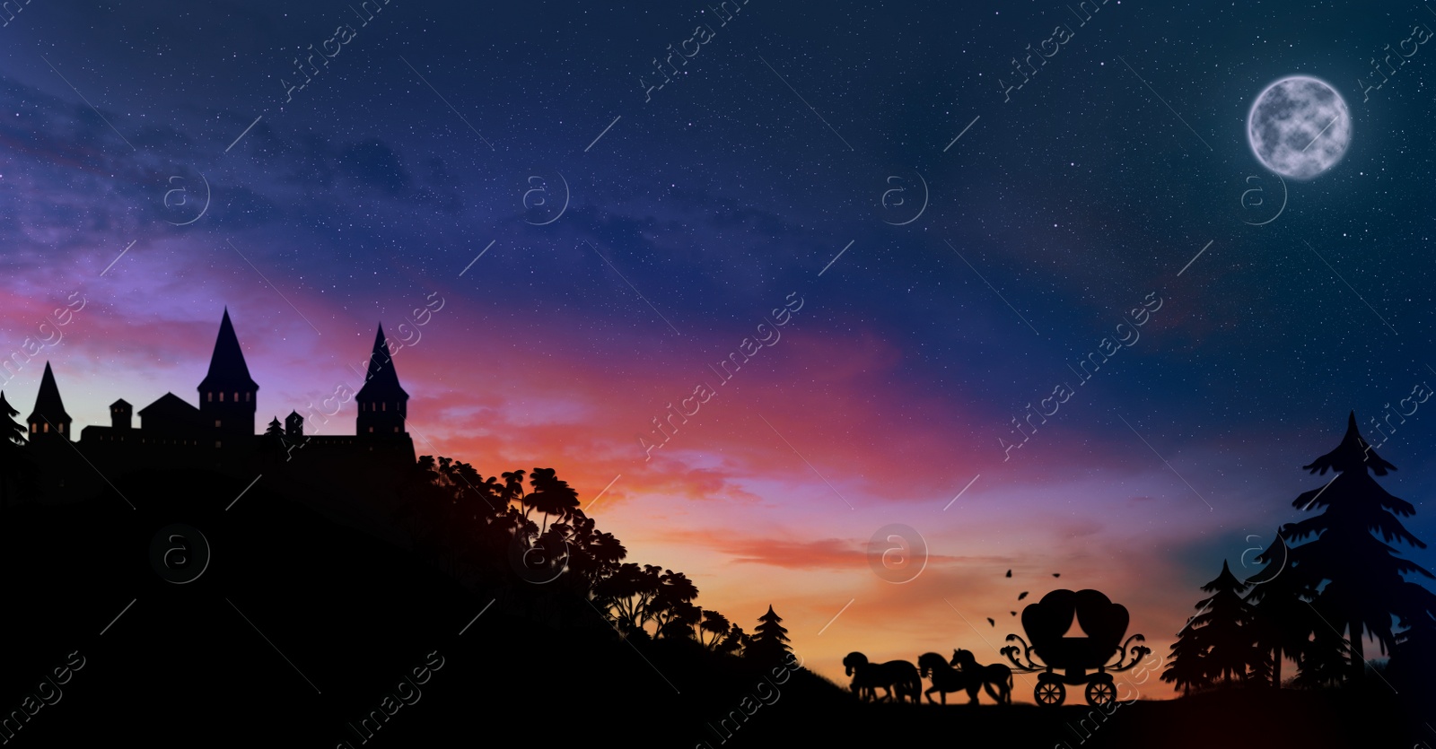 Image of Magic landscape. Coach silhouette going to fairy castle 