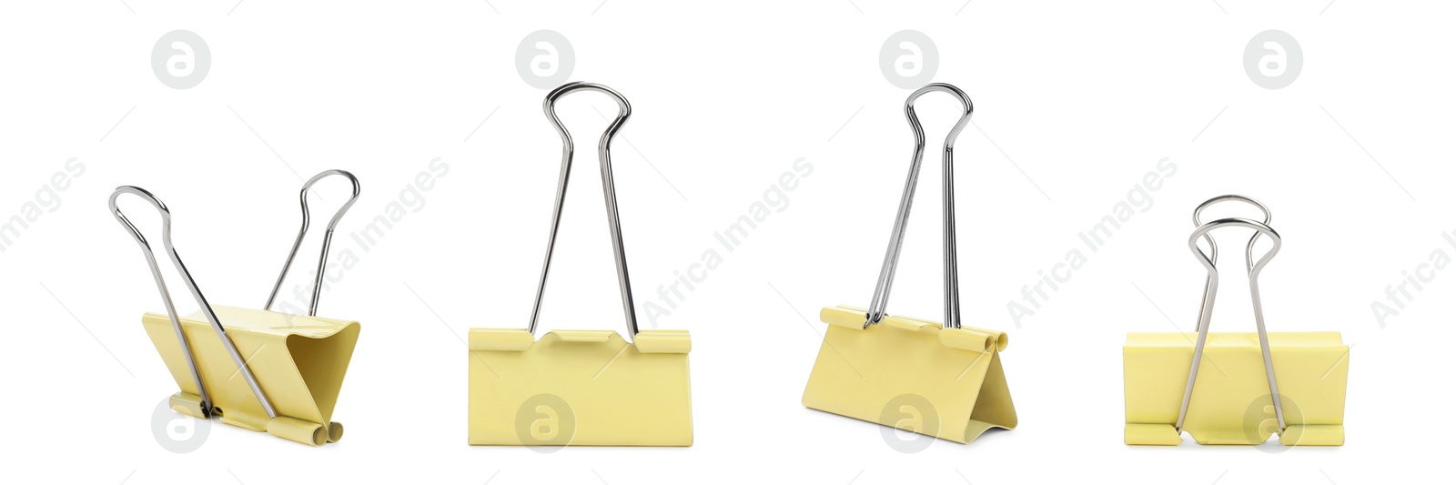 Image of Set with yellow binder clips on white background. Banner design