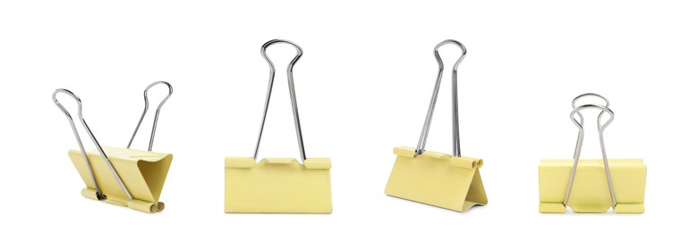 Image of Set with yellow binder clips on white background. Banner design