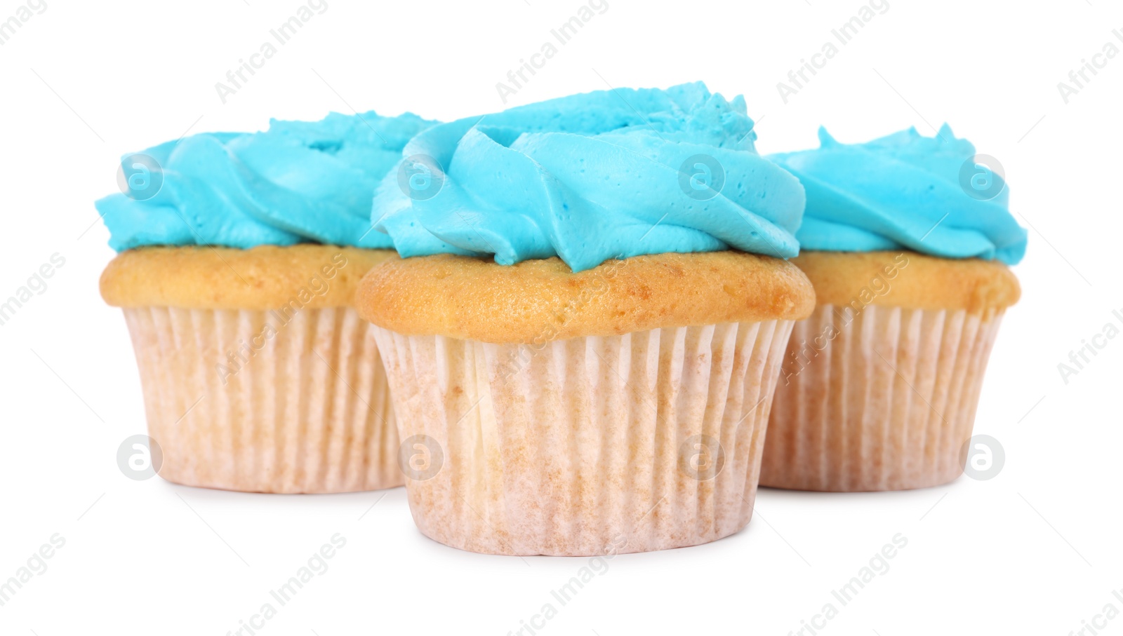 Photo of Delicious cupcakes with bright cream isolated on white