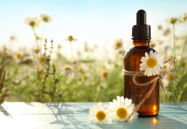 Photo of Bottle of chamomile essential oil on light blue wooden table in field. Space for text