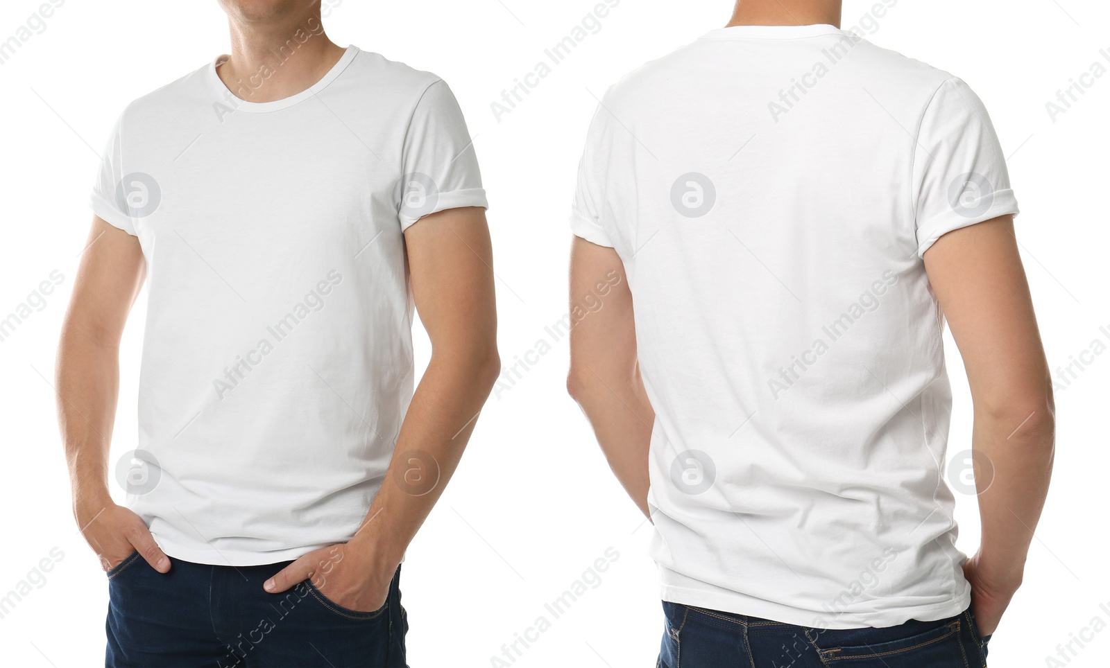 Image of Closeup view of man in t-shirt on white background, collage. Space for design