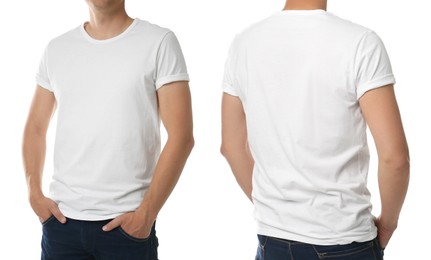 Image of Closeup view of man in t-shirt on white background, collage. Space for design