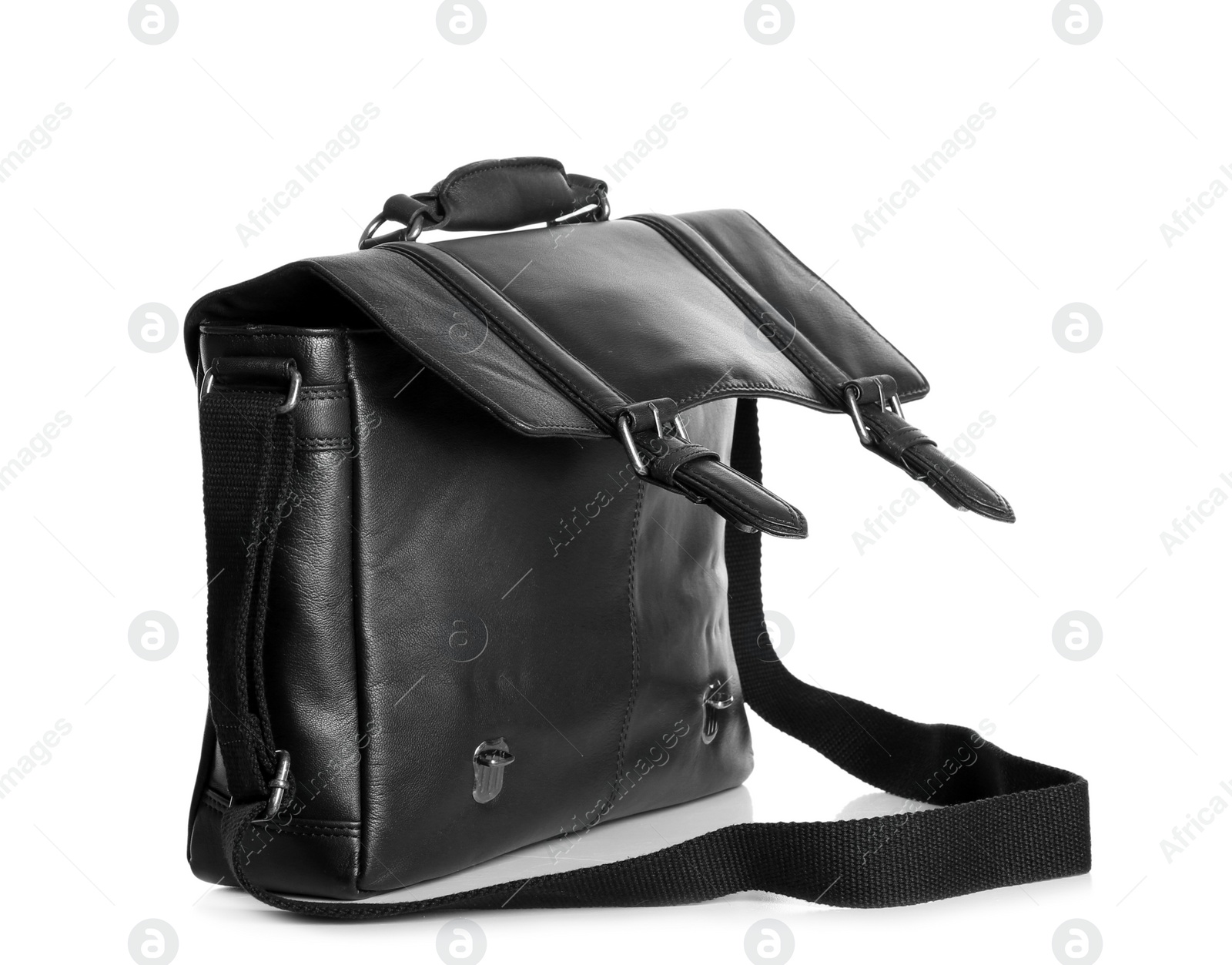 Photo of Black male leather briefcase with strap on white background