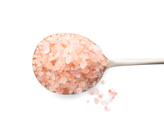 Photo of Metal spoon with pink himalayan salt isolated on white, top view