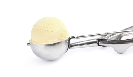 Delicious vanilla ice cream in scoop on white background