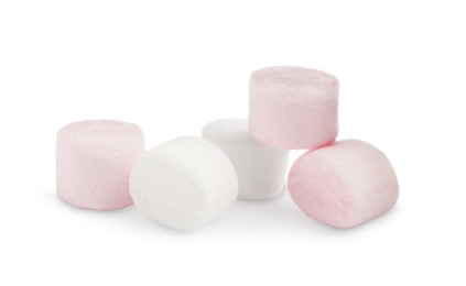 Pile of delicious sweet marshmallows on white background