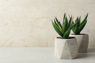Photo of Artificial plants in cement flower pots on table against light background. Space for text