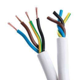 Photo of New colorful electrical wires on white background