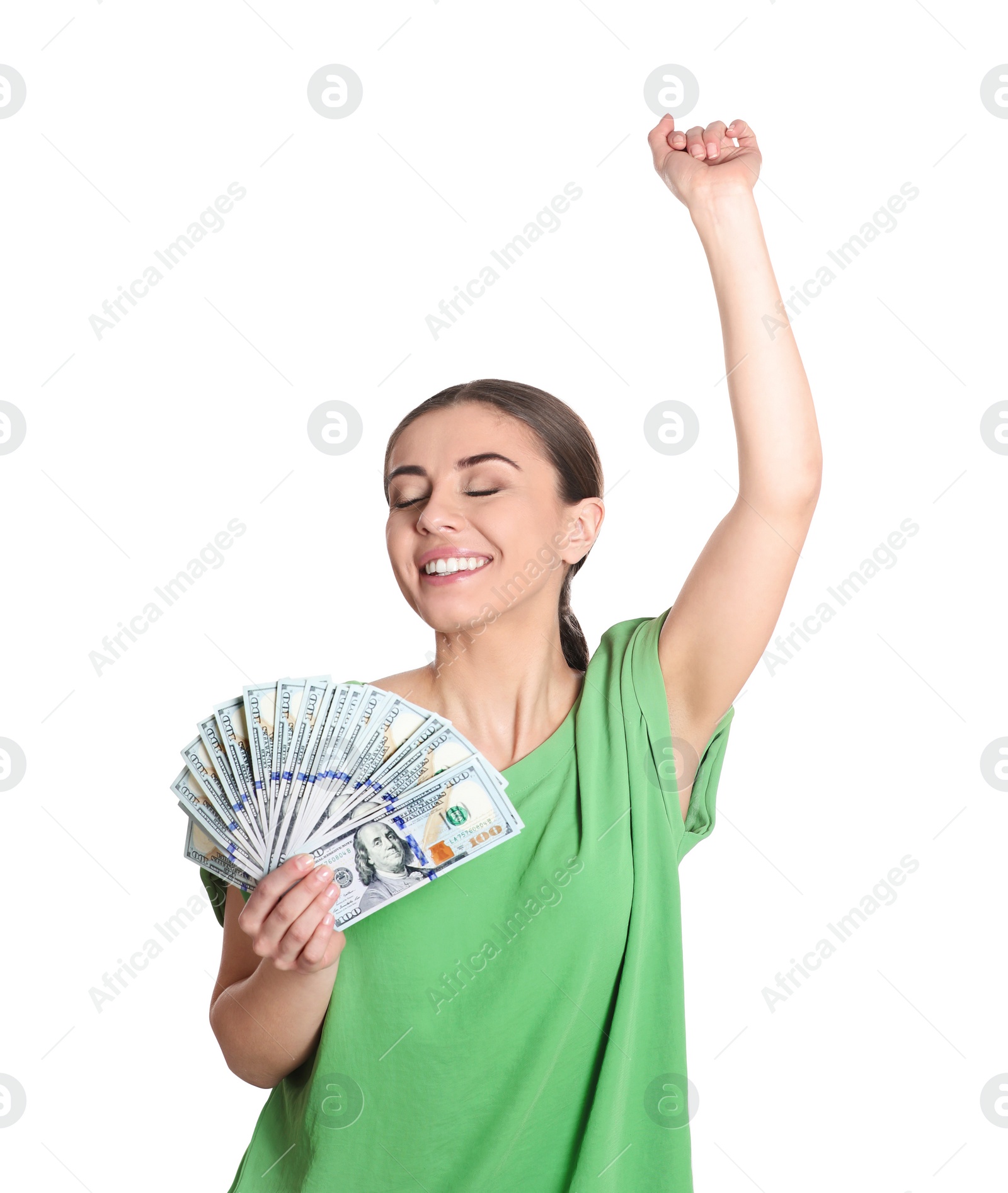 Photo of Portrait of young woman holding money banknotes on white background