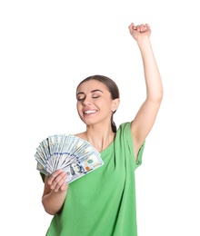 Portrait of young woman holding money banknotes on white background