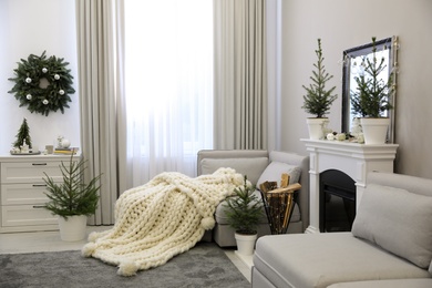 Stylish living room interior with little fir trees and Christmas decorations