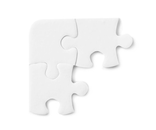 Blank puzzle pieces isolated on white, top view