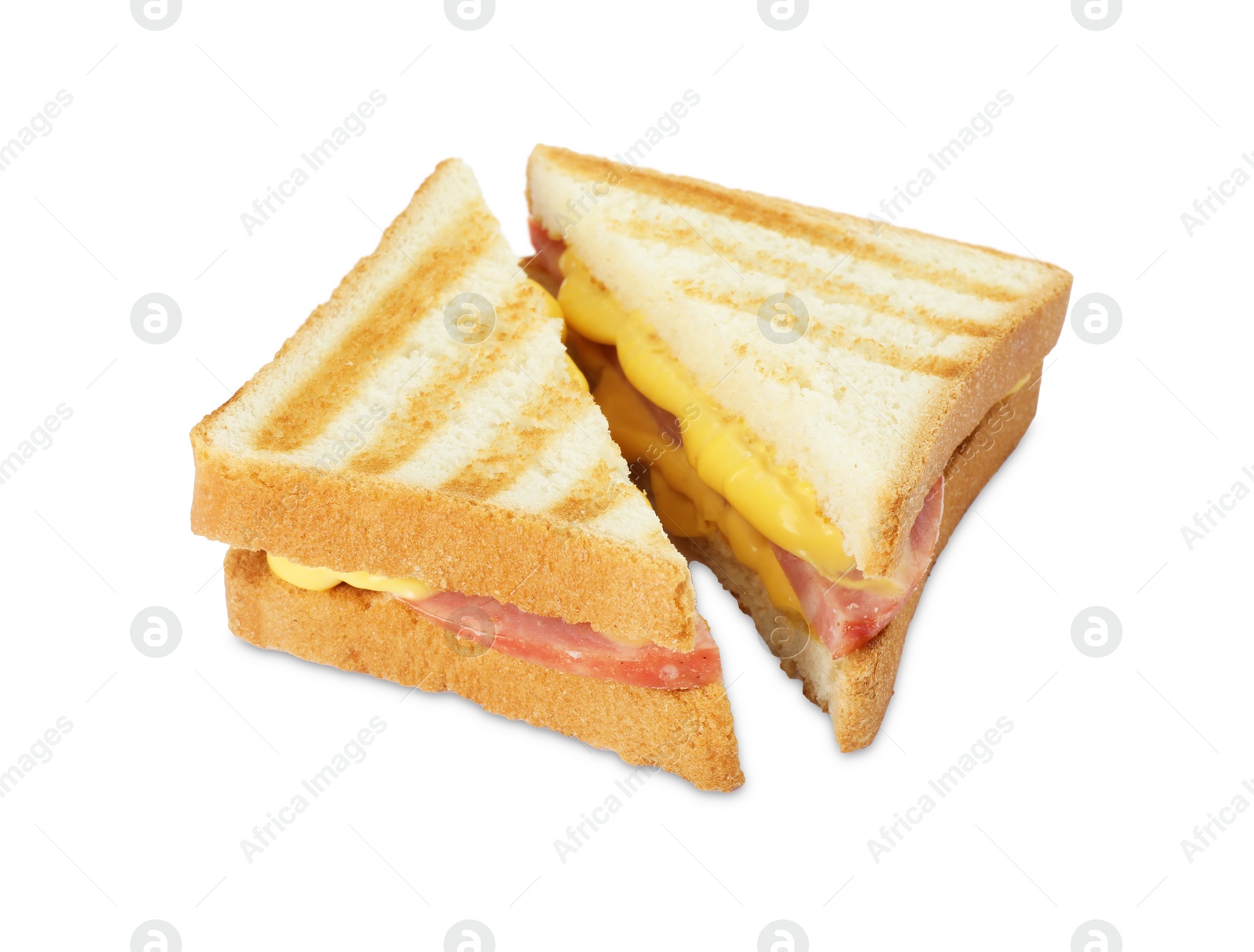 Photo of Tasty sandwiches with ham and melted cheese isolated on white