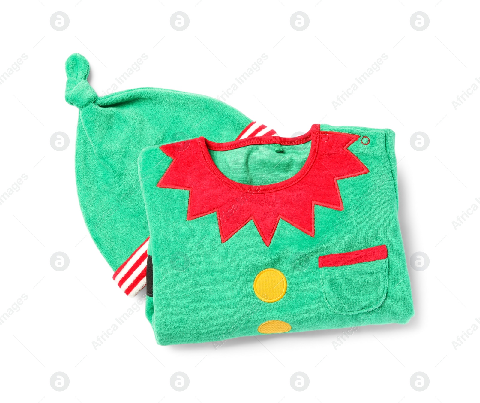 Photo of Cute elf jumper and hat on white background, top view. Christmas baby clothes