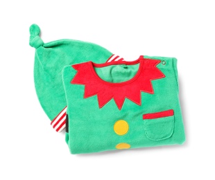 Photo of Cute elf jumper and hat on white background, top view. Christmas baby clothes