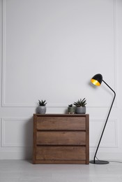 Beautiful plants on wooden chest of drawers and lamp near white wall. Interior design