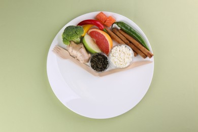 Photo of Metabolism. Plate with different food products and wooden cutlery on pale green background, top view