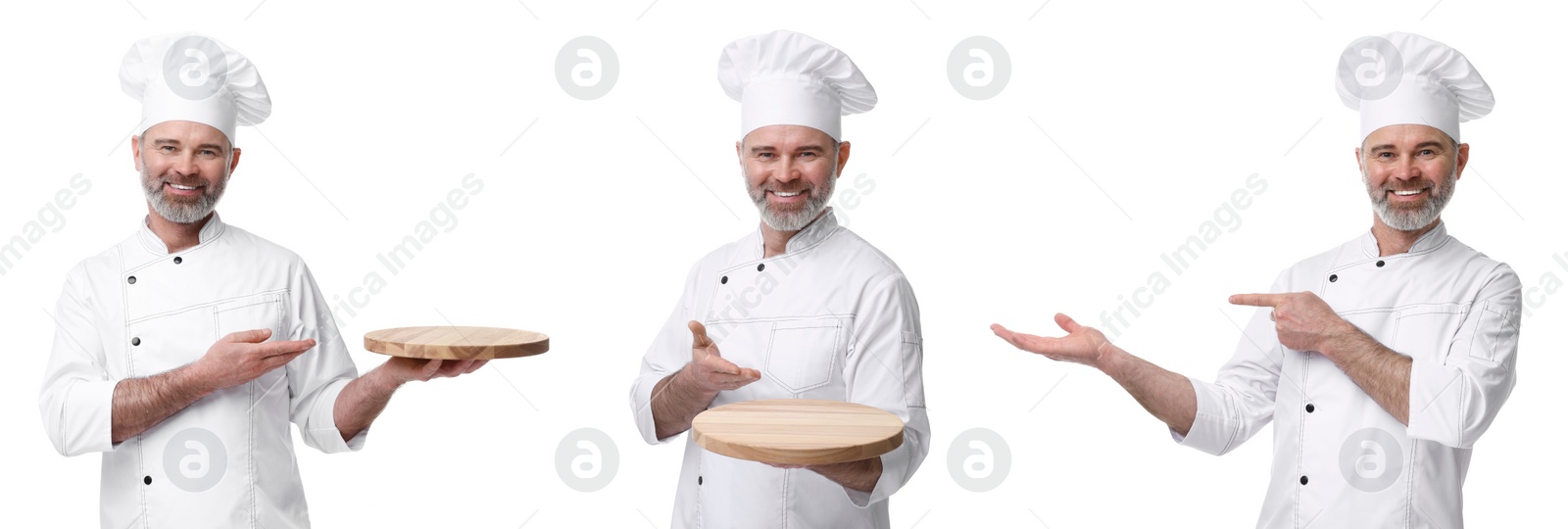 Image of Chef in uniform on white background, set with photos