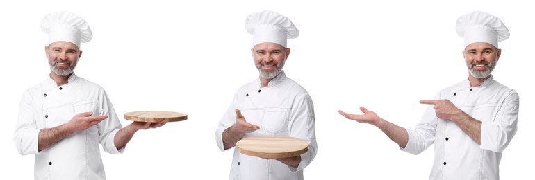 Chef in uniform on white background, set with photos