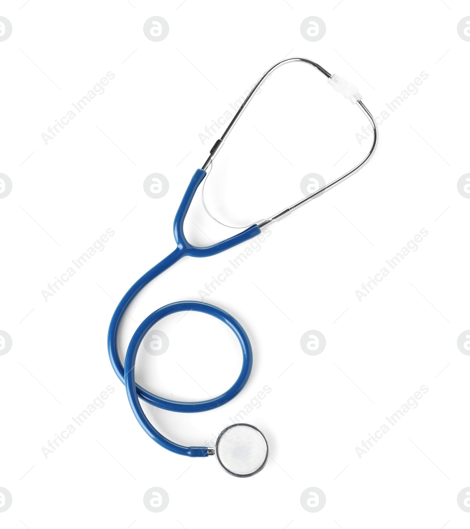 Photo of Stethoscope on white background, top view. Medical device